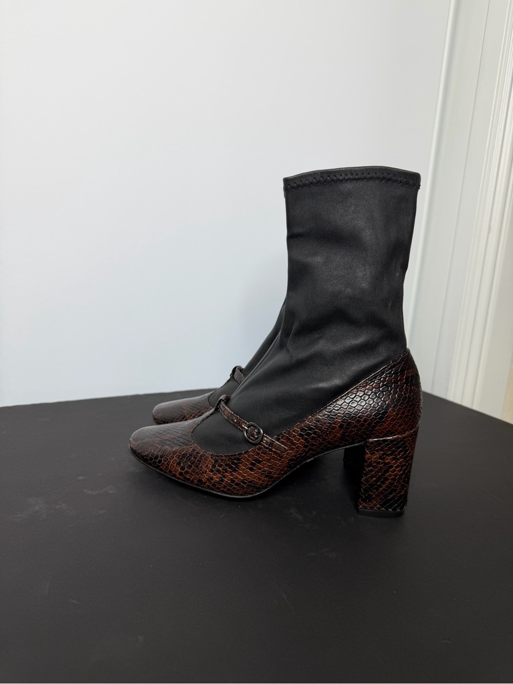 Zara Black Sock Boot with Brown Snakeskin Mary Jane Heel